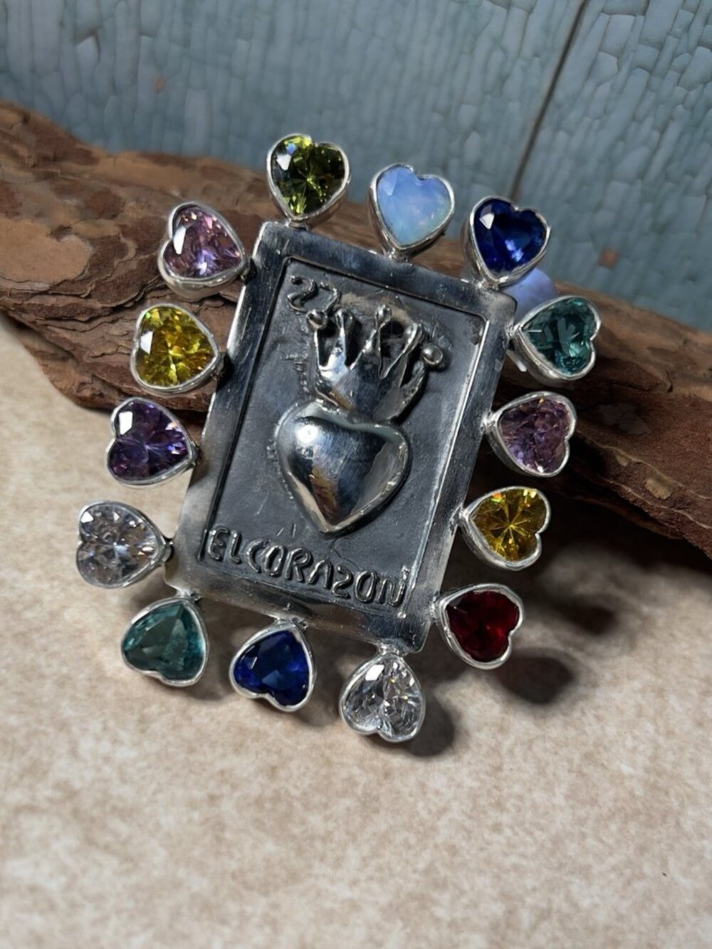925 Sterling Silver El Corazón Lotería Multicolor CZ Artisan Pendant 2”